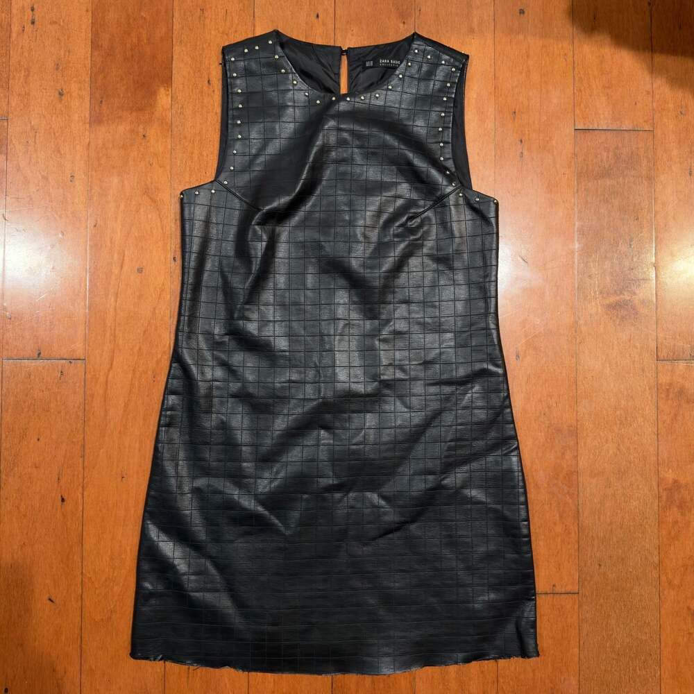 Zara Basic sleeveless black grid embossed faux leather dress w/ stud detailing
